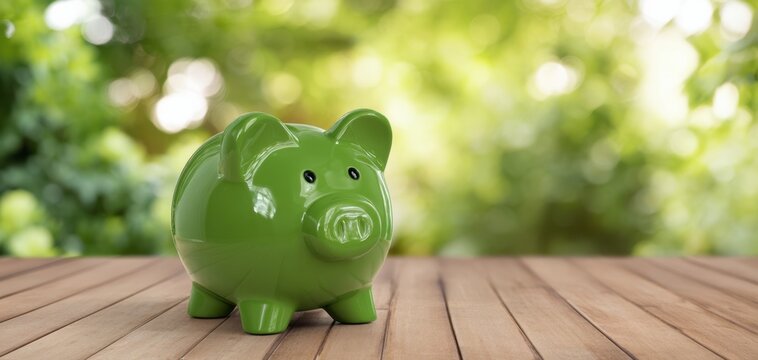 The green piggy bank symbolizes savings and financial planning in a vibrant setting.