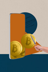 Art poster trendy collage photo of hand hold phone screen pour dollar coin income usd capital ebank...