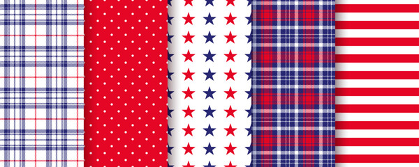 Fototapeta premium 4th July seamless pattern. American backgrounds. Patriotic textures. Happy independence prints. USA flag blue red backdrops with stars and stripes. Set of geometric backdrops. Vector illustration.