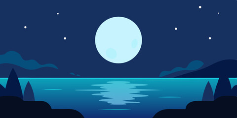 Moonlit city skyline reflecting in the dark sea under a starlit night sky