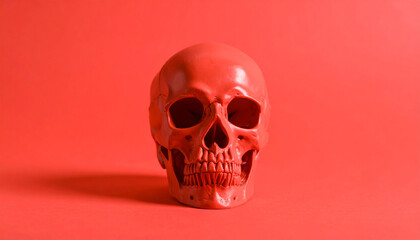 Human skull on red background.
