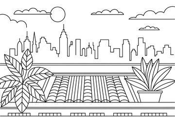 Obraz premium City rooftop view, plants, and skyline. 