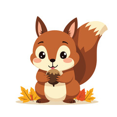 Obraz premium Cute cartoon squirrel holding acorn, autumn season illustration
