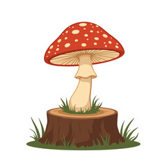 Red Amanita Mushroom on Tree Stump, Nature Illustration with Copyspace