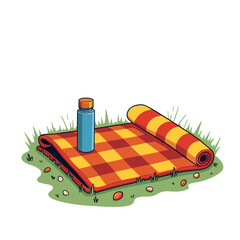 Checkered Picnic Blanket with Water Bottle on Grass, Summer Outdoor Leisure