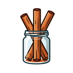 Cinnamon sticks in glass jar, spice illustration for culinary themes