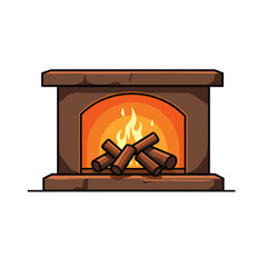Illustrated Cozy Fireplace with Burning Logs, Home Warmth and Comfort