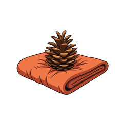 Brown pinecone on orange folded blanket, autumn cozy home decor