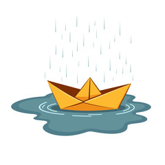 Yellow Paper Boat in Puddle with Raindrops on White Background, Weather Concept