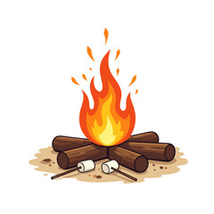 Campfire with roasting marshmallows, outdoor camping illustration