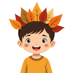Happy Child with Autumn Leaf Crown, Fall Season Celebration