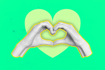 Trend artwork creative sketch photo collage of symbol body language sign hand gesture heart shape...