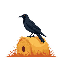 Crow perched on hay bale, autumn rural scene with straw copyspace