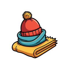 Winter hat, scarf, and blanket illustration, cozy cold weather essentials