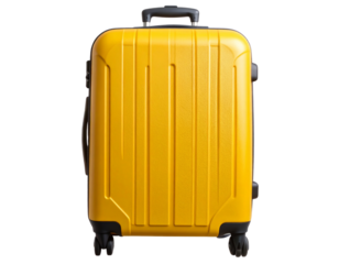 Flat lay top-down view of a large yellow suitcase placed neatly with realistic texture and smooth hard-shell curves, subtle ambient shadowing, minimalist aesthetic. Isolated on transparent PNG backgro