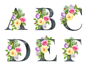 Watercolor floral alphabet for wedding invitations, greeting card, birthday, logo, poster and other.