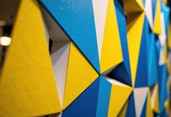 Obraz premium Close-up of colorful geometric wall art with blue yellow and white shapes