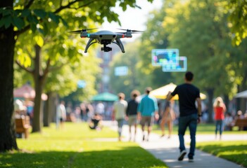 A drone flying over a park with people walking and enjoying outdoor activities on a sunny day