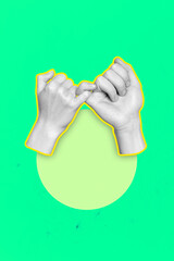 Composite image montage trend artwork 3D collage of sticker two hand hold together finger pinky promise gesture body language symbol