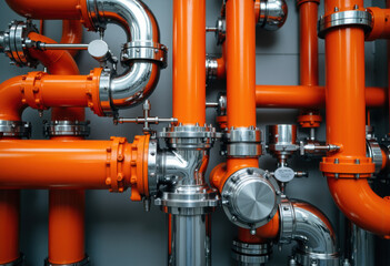 Complex network of orange and silver industrial pipes and valves in a modern facility