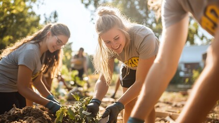 Volunteers planting seedlings in community garden during afternoon sunlight