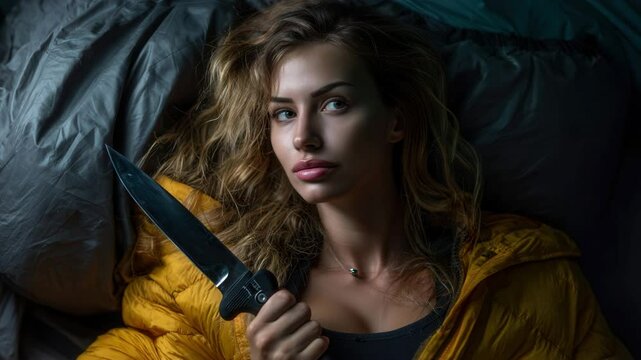 A woman with long wavy hair in a yellow jacket and a black T-shirt lies on dark blankets, holding a large black knife in her hand