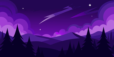 Naklejka premium Here's a single sentence combining those elements:Starry night fantasy landscape with moonlit mountains and silhouetted winter trees