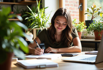 Young woman studying at a desk surrounded by plants in a bright, cozy room