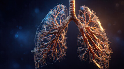 3D rendered medical animation showing human bronchi expanding and contracting during breathing, realistic anatomical texture, airflow visualization with soft lighting on dark background