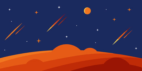 Naklejka premium Starry night sky with a full moon over a dark mountain landscape, an abstract illustration of nature's celestial beauty
