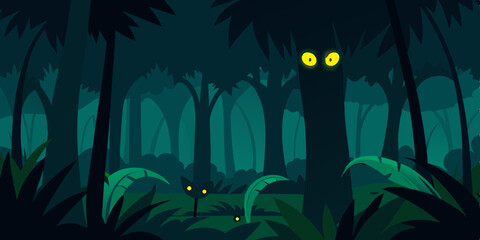 Dark, moonlit forest silhouette with bats, illustrating a blue night nature scene