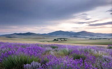 Under the soft, golden hues of a sunset sky, a vast and vibrant lavender field, in the peak of bloom, stretches out across the rolling hills, bathed in warm, comforting light that highlights the