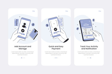Onboarding app screens and web concept online mobile payments application for apps in line style