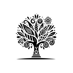 Modern tribal tree silhouette in black