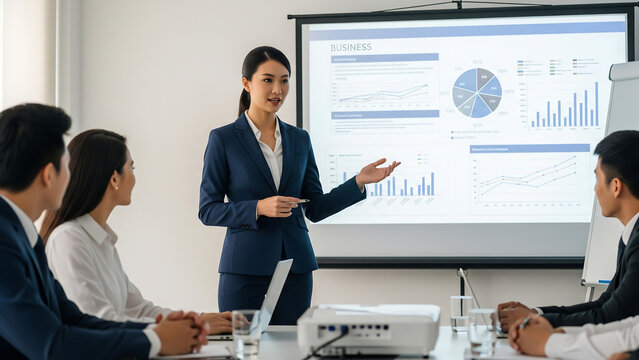 A woman presents her startup idea to partners in a high-level business meeting - Powered by Adobe