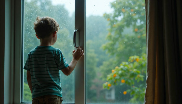 Young boy looking out the window at rainy day in summer garden  