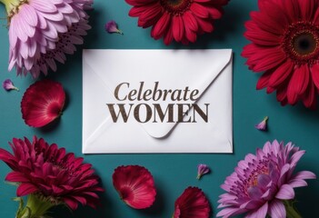 Celebrate women with a beautiful floral arrangement and an elegant envelope