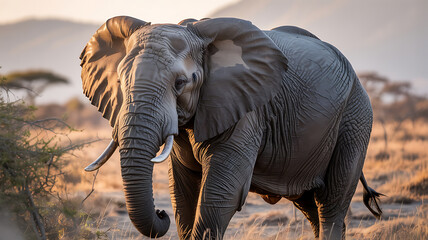 Fototapeta premium Large elephant, serene, walking through savanna. 