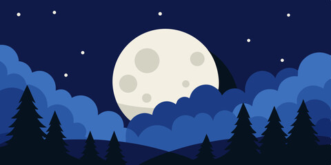 Moonlit night landscape with mountains, stars, and silhouetted trees