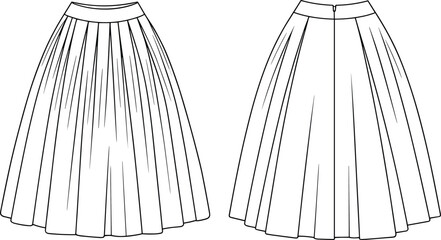  Women's Accordion Pleated Full Midi Skirt with Back Closure Flat Fashion Sketch Template - Elegant Apparel Design