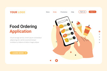 Food ordering application on landing page concept, Mobile app user interface with food order illustration