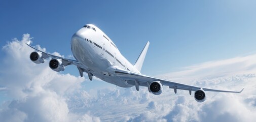 Obraz premium The airplane soaring majestically through a bright blue sky above fluffy clouds.