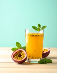 Glass of fresh passion fruit juice with seeds and mint, next to halved fruit on light wood and pastel green background for a tropical refreshment vibe.
