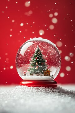 Bola de nieve con &aacute;rbol de navidad mientras nieve con fondo rojo, felicitaci&oacute;n navide&ntilde;a bola de navidad con un abeto en miniatura, polo norte en bola de navidad con fondo rojo