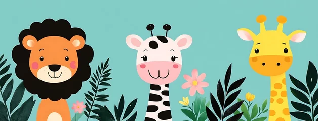 Fotobehang 3 cute cartoon animal illustrations of animals in the jungle, with green leaves and flowers © Tanish