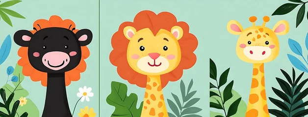 Fotobehang 3 cute cartoon animal illustrations of animals in the jungle, with green leaves and flowers © Tanish