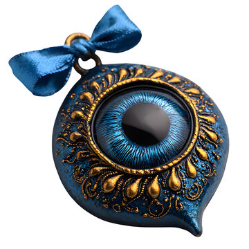 A Turkish evil-eye birthday charm tied with party ribbon - isolated on a white background