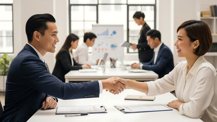 Two business owners seal a new partnership with a handshake after contract signing