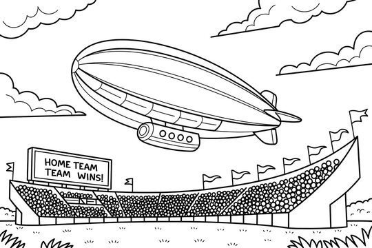 A blimp flies over a stadium filled with cheering fans. Victory celebration.
