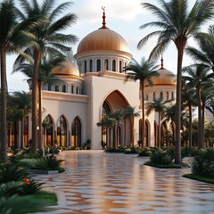 Naklejka premium Majestic mosque, golden domes, palm trees, paved courtyard